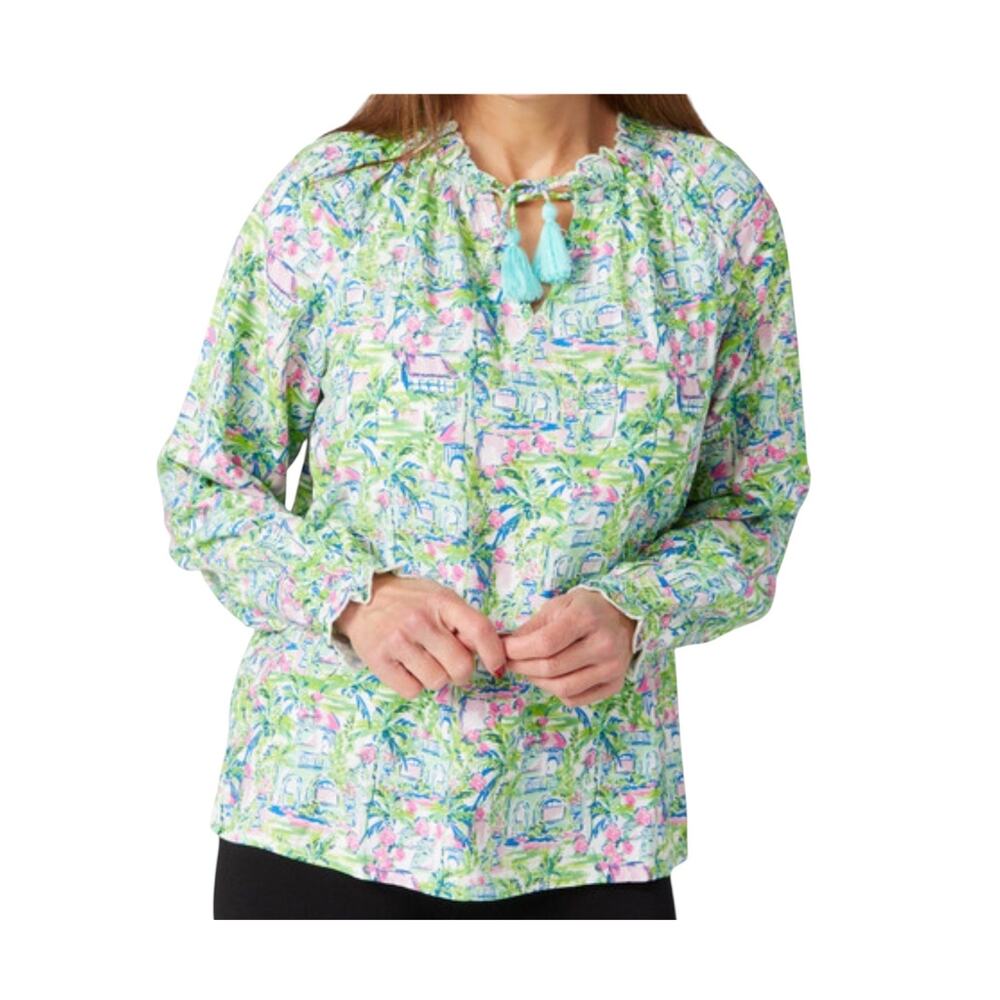 Stella Parker large tropical isle tie front peasant blouse top TLS1 3095